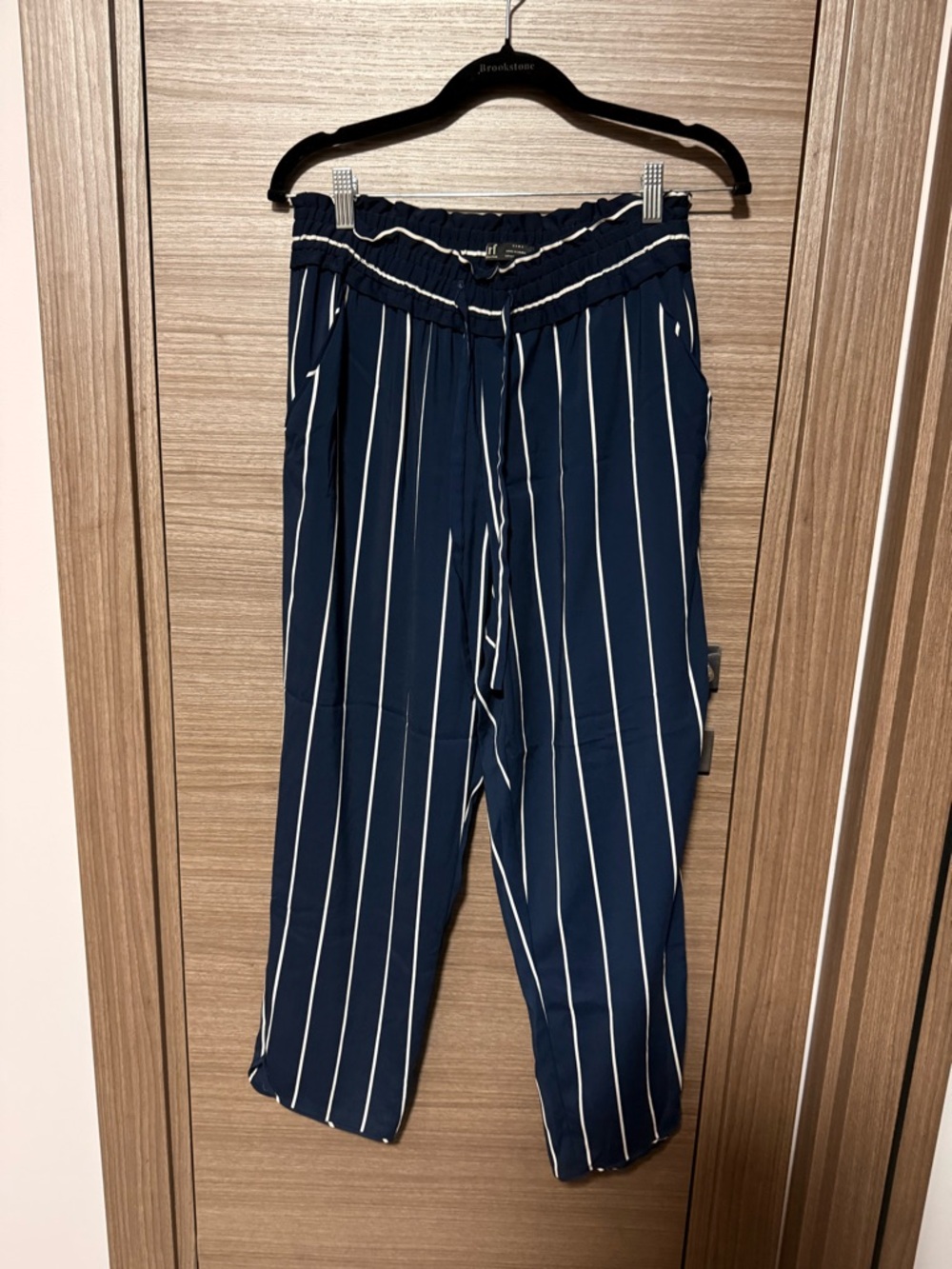 Zara Navy Blue & White Vertical Stripe Paperbag Waist Trousers